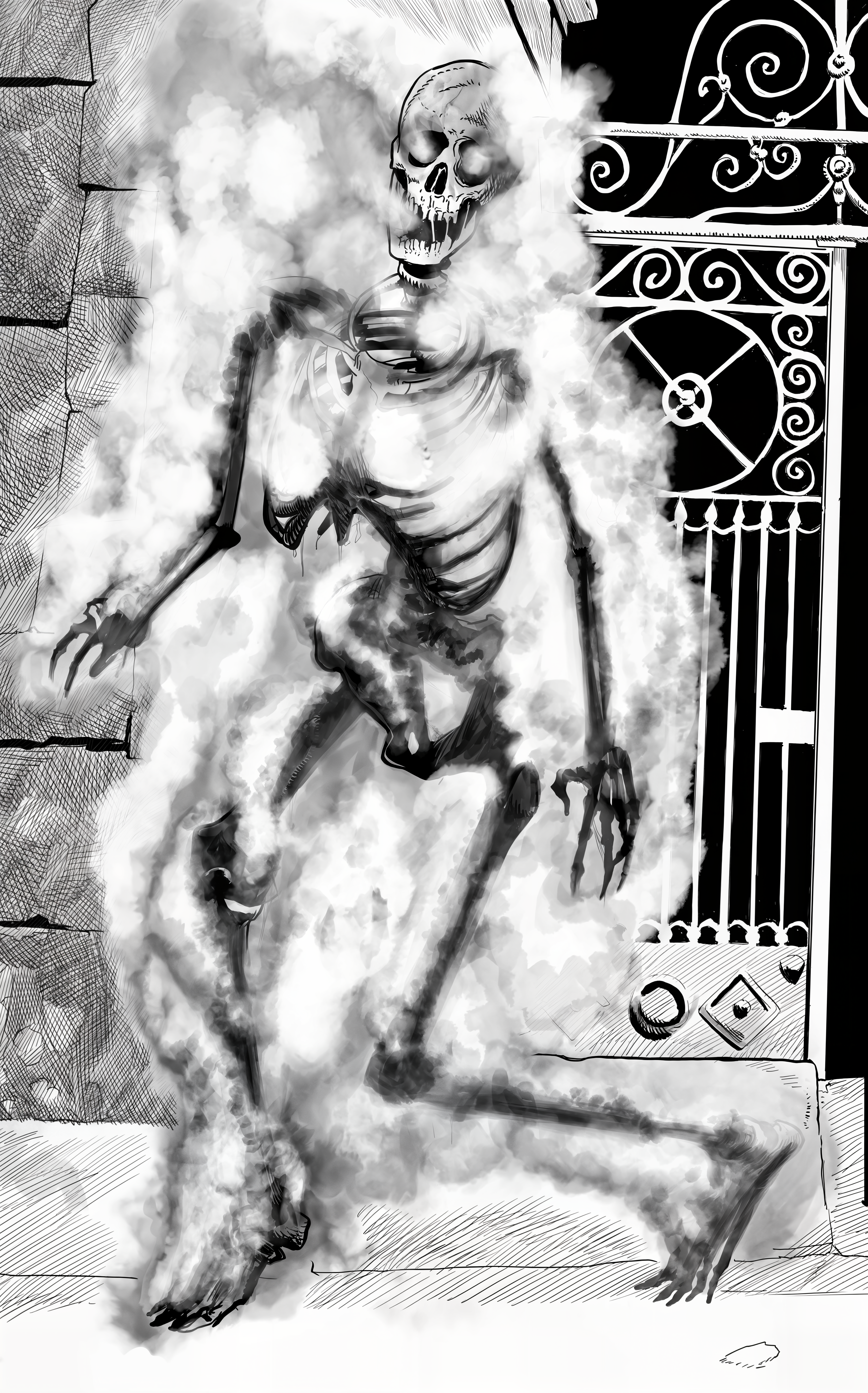 MR JONES'S SMOKING BONES_skeleton emerging from smoke_Iqbal Ali-Priscilla Grippa_B7 Comics_upscaled
