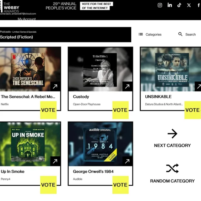 If you enjoyed our series please do vote for “Unsinkable” here (we’re one of five nominees for Limited-Series & Specials / Scripted (Fiction)
https://vote.webbyawards.com/PublicVoting#/2025/podcasts/limited-series-specials/scripted-fiction

#audiodrama #audiomovie #WorldWarII #1940s #coproduction #NorthAtlanticRidge #JohnMawson #DaturaStudios #MishaCrosby #B7Media #HelenQuigley #AndrewMarkSewell #audiomarvels #JackBowman #ARIAS #WEBBY awards #nomination #finalist